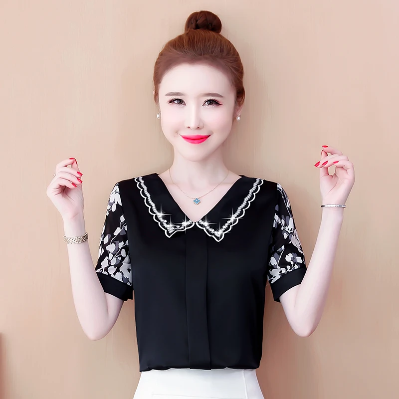 Houthion Chiffon Slim Women's Blouses Doll Collar Diamond Pullover Summer New Casual Blouse Fashion Short Sleeve Top Pocket 
Houthion Chiffon Slim Women's Blouses Doll Collar Diamond Pullover Summer New Casual Blouse Fashion Short Sleeve Top Pocket
