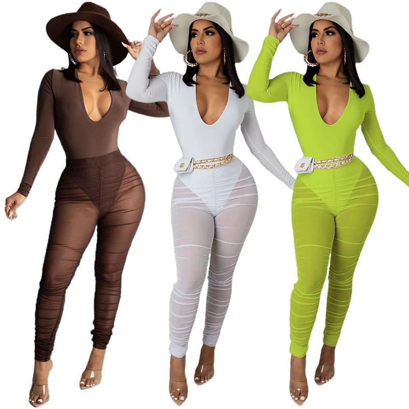 Women Solid Sheer Mesh Patchwork 2 Piece Set Autumn Winter Full Sleeve Deep V Neck Bodysuit And Long Stacked Trousers Outfits
Women Solid Sheer Mesh Patchwork 2 Piece Set Autumn Winter Full Sleeve Deep V Neck Bodysuit And Long Stacked Trousers Outfits
