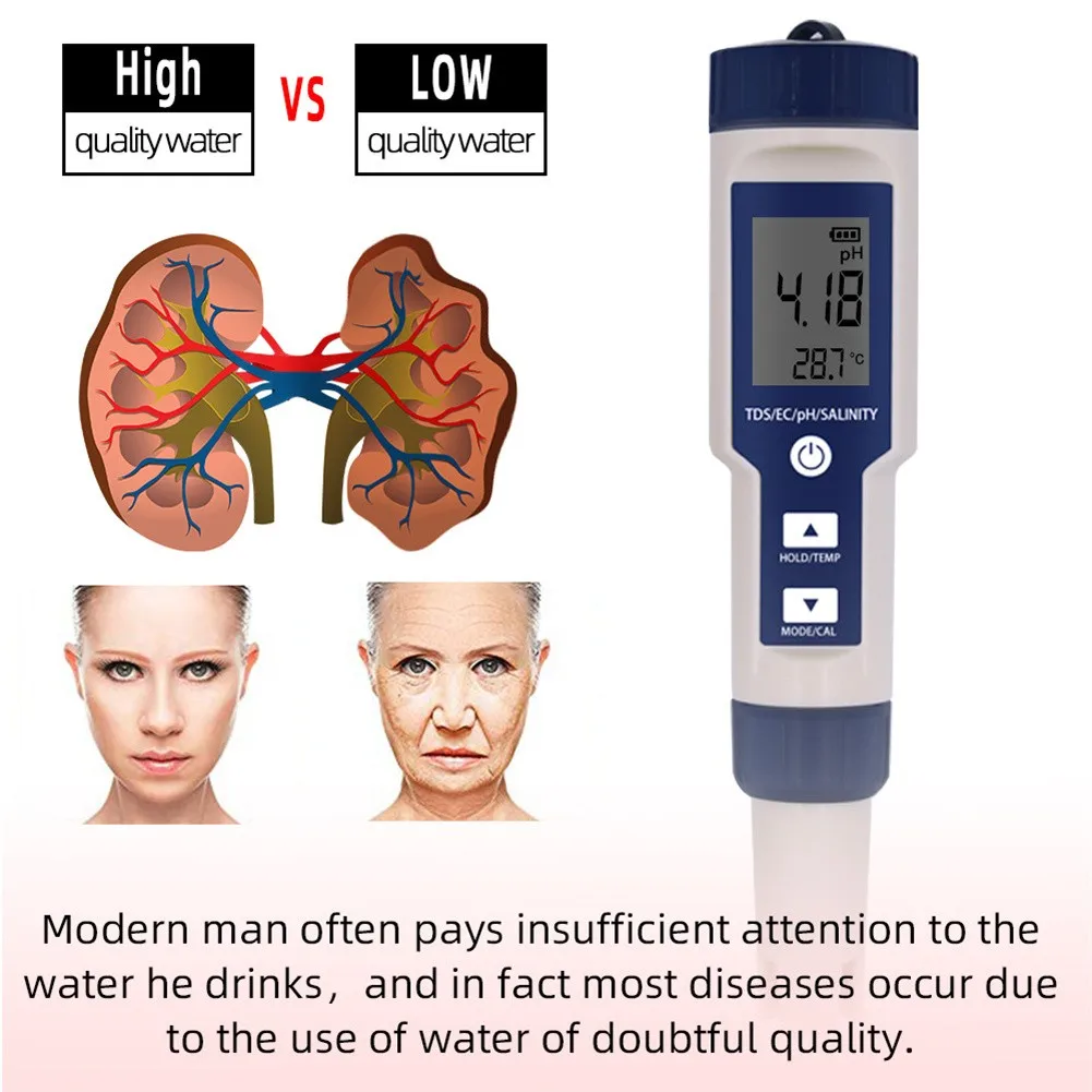 5 In 1 Digital Water Quality Tester Pen EC PH Salinity Temp Meter Detector Multi-functional Water Quality Test Pen
5 In 1 Digital Water Quality Tester Pen EC PH Salinity Temp Meter Detector Multi-functional Water Quality Test Pen