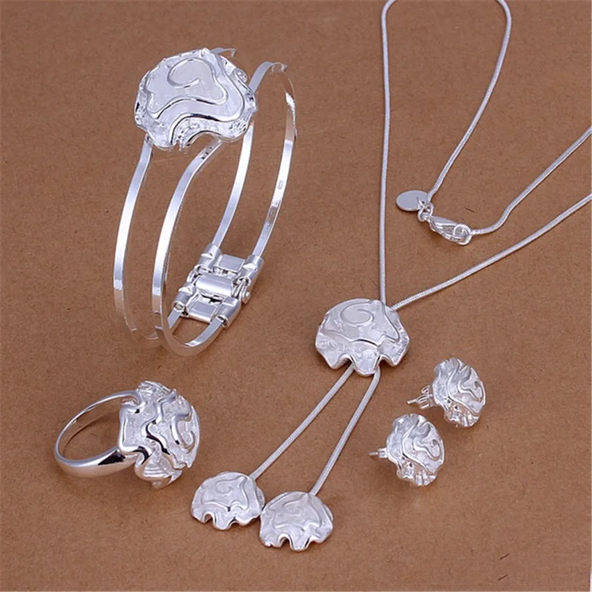925 sterling Silver Jewelry set rose flower bangle rings Bracelets necklace earring stud for women Fashion Party Christmas gifts
925 sterling Silver Jewelry set rose flower bangle rings Bracelets necklace earring stud for women Fashion Party Christmas gifts