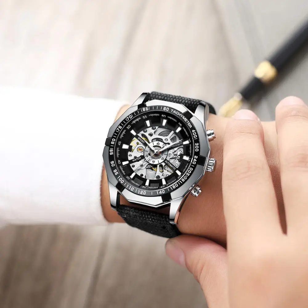 Mechanical Men's watches 3D Skeleton Dial Business Watch Automatic Self Wind Wristwatch Clock Male Military Waterproof Watches | Наручные