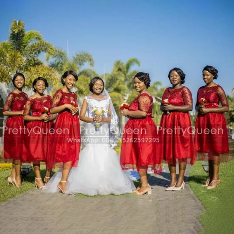 2021 Red Sheer Lace Short Bridesmaid Dresses With Half Sleeves A Line African Women Knee Length Wedding Party Dress 
2021 Red Sheer Lace Short Bridesmaid Dresses With Half Sleeves A Line African Women Knee Length Wedding Party Dress