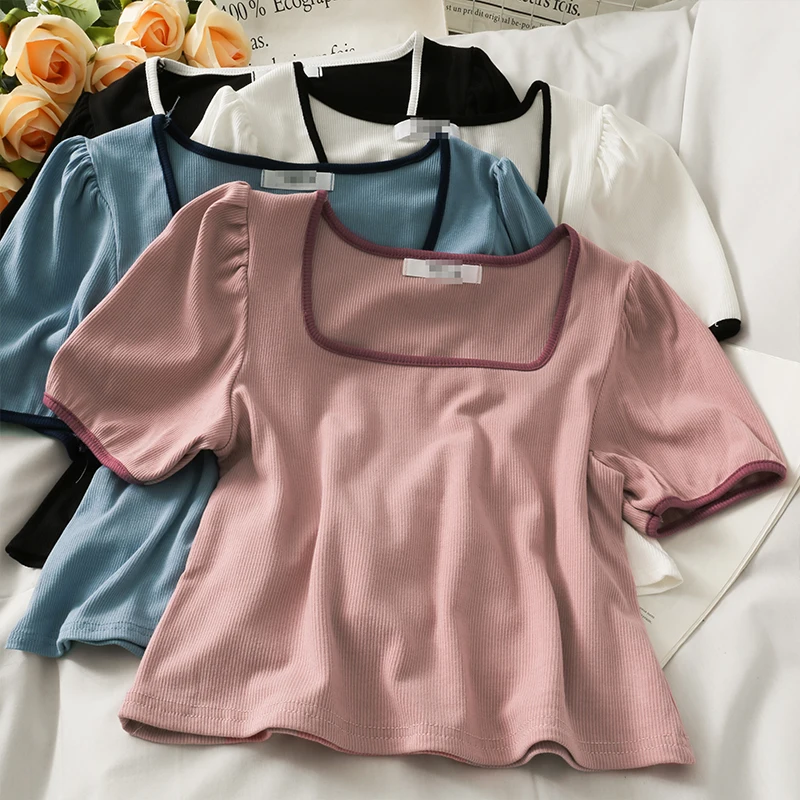 Short Slim Thin Puff Sleeve Top Women's 2021 Summer New Style Square Collar Wild Casual Temperament T-shirt Short Sleeve
Short Slim Thin Puff Sleeve Top Women's 2021 Summer New Style Square Collar Wild Casual Temperament T-shirt Short Sleeve