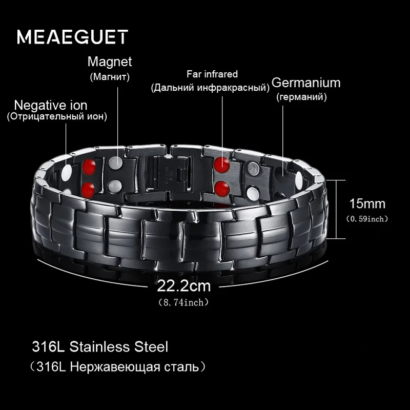 Meaeguet Tow Row 4 Health Elements Energy Bracelet Jewelry for Men Black Stainless Steel Chain Link Therapy
Meaeguet Tow Row 4 Health Elements Energy Bracelet Jewelry for Men Black Stainless Steel Chain Link Therapy