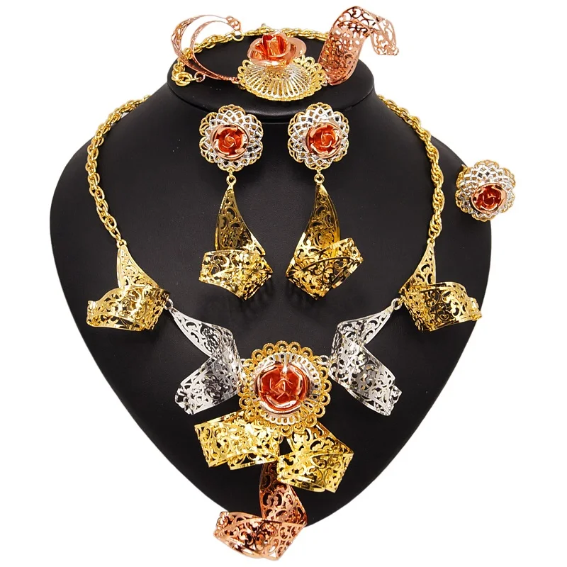 Yulaili Tricolor Dubai Gold Jewelry Sets for Women Fashion Necklace Drop Earrings Charm Bracelet Ring Exaggerate Jewelery Set
Yulaili Tricolor Dubai Gold Jewelry Sets for Women Fashion Necklace Drop Earrings Charm Bracelet Ring Exaggerate Jewelery Set