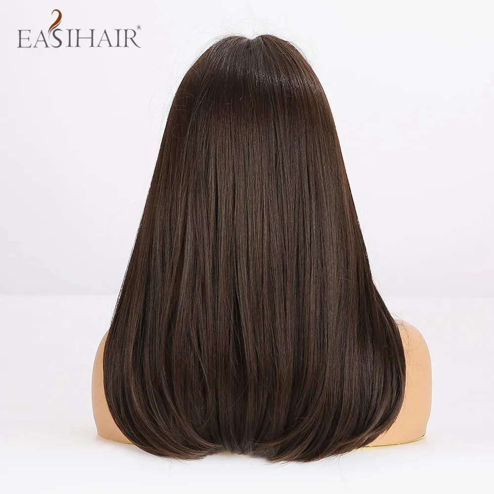 EASIHAIR Длинные темно-коричневые прямые синтетические парики с челкой натуральные