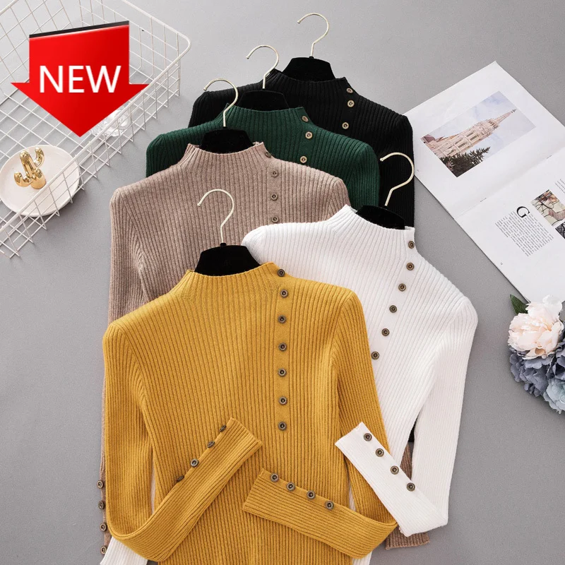 Women Spring Autumn Solid Knitted Pullover Women Slim Soft Jumper Sweater Female Knit Tops New Fashion Button Turtleneck Sweater
Women Spring Autumn Solid Knitted Pullover Women Slim Soft Jumper Sweater Female Knit Tops New Fashion Button Turtleneck Sweater