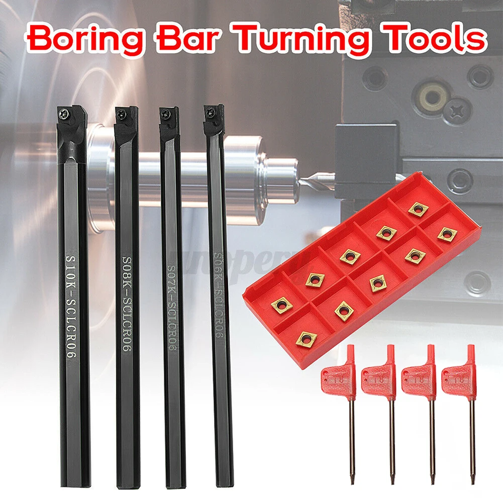 4pcs 6/7/8/10mm SCLCR06 Turning Tool Lathe Boring Bar Holder Boring Bar Lathe Cutter Turning Rod & CCMT060204-HM Carbide Insert
4pcs 6/7/8/10mm SCLCR06 Turning Tool Lathe Boring Bar Holder Boring Bar Lathe Cutter Turning Rod & CCMT060204-HM Carbide Insert