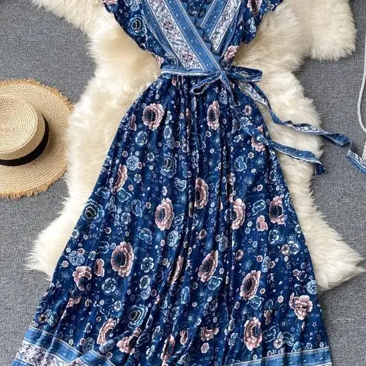 Women Bohemian Holiday Dress Vintage Printed V-neck Short-Sleeved High Waist Lace-up Beach Vestidos Women's wrap dress 2020
Women Bohemian Holiday Dress Vintage Printed V-neck Short-Sleeved High Waist Lace-up Beach Vestidos Women's wrap dress 2020