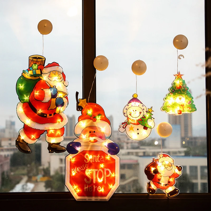 

Светодиодные Рождественские декоративные огни в форме Санта-Клауса, снеговика, лося, окон, присосветодиодный, огни на новый год, Рождество, ...