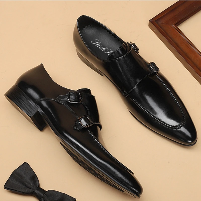 

Italian Designer Genuine Leather Man Formal Dress Shoes Pointed Toe Double Straps Men's Flats Wedding Party Monk Oxfords SG220