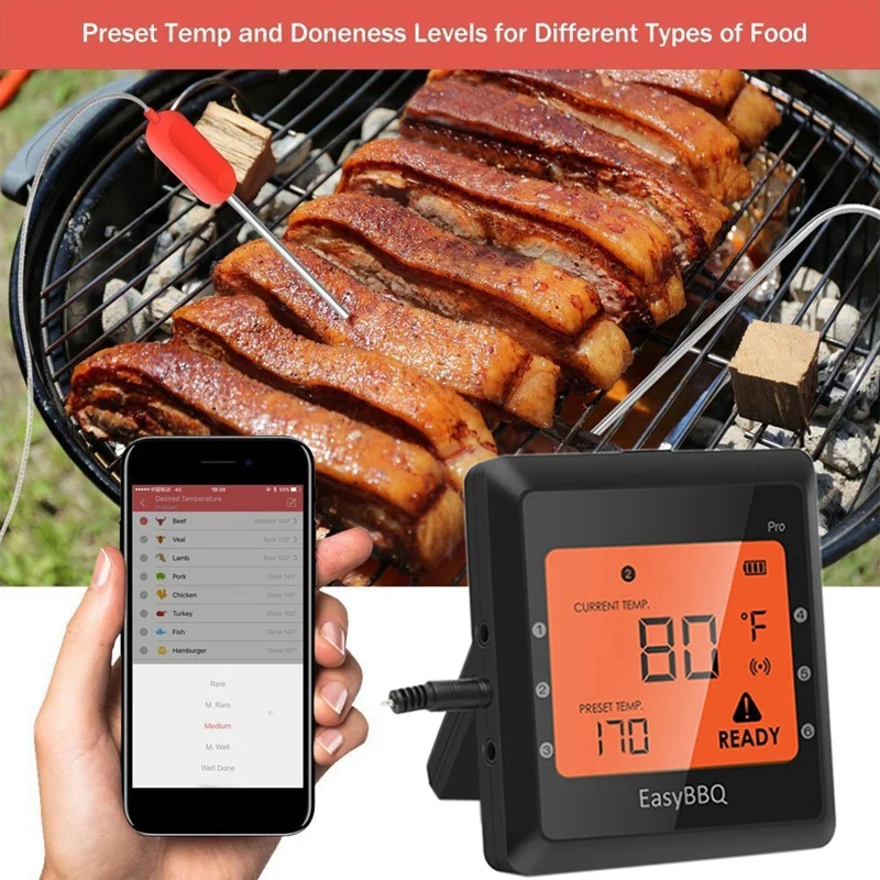 Wireless Bluetooth Smart BBQ Thermometer Cooking Thermometer with Stainless Steel Probes APP & LCD Display,Carrying
Wireless Bluetooth Smart BBQ Thermometer Cooking Thermometer with Stainless Steel Probes APP & LCD Display,Carrying