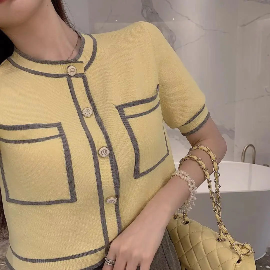 

Lemon yellow small sweet round collar knitting cardigan female spring new brief paragraph cultivate one's morality sweater