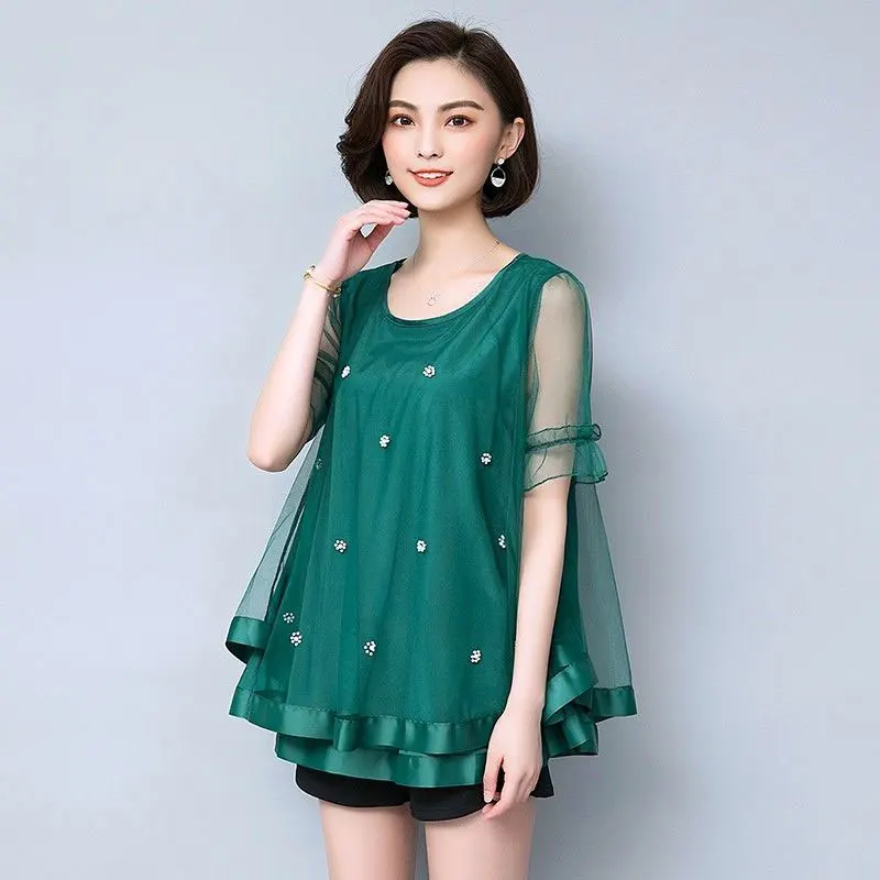 Summer Style Women Shirt Plus Size Short Sleeve Loose Chiffon Shirts Mesh Bead Ladies Blouses Grace Sweet Tops Female Blouse D71
Summer Style Women Shirt Plus Size Short Sleeve Loose Chiffon Shirts Mesh Bead Ladies Blouses Grace Sweet Tops Female Blouse D71