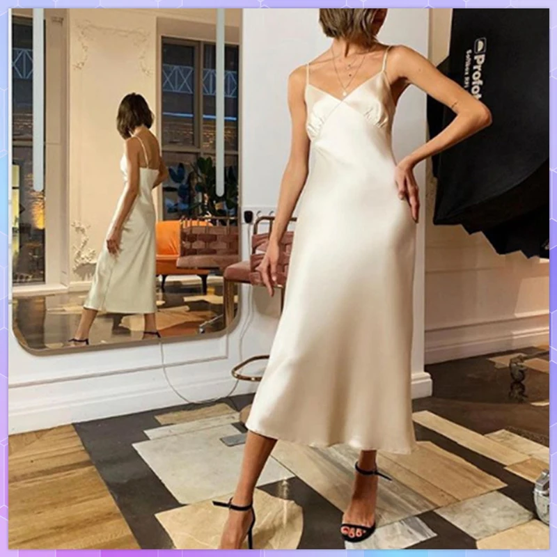 Deep V-Neck Satin Elegant Dresses For Women Sexy Sleeveless Spaghetti Strap Mid-Calf Long Dress Summer Party Female Vestidos
Deep V-Neck Satin Elegant Dresses For Women Sexy Sleeveless Spaghetti Strap Mid-Calf Long Dress Summer Party Female Vestidos