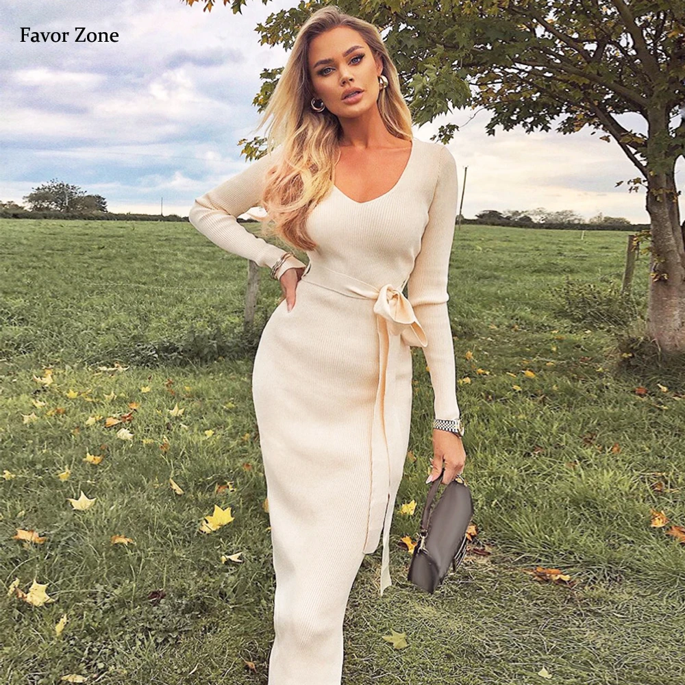 Woman Elegant Sexy V Neck Knitted Midi Dress Autumn Winter Bodycon Long Sleeve Sashes Casual Ribbed Slim Party Dresses For Women
Woman Elegant Sexy V Neck Knitted Midi Dress Autumn Winter Bodycon Long Sleeve Sashes Casual Ribbed Slim Party Dresses For Women