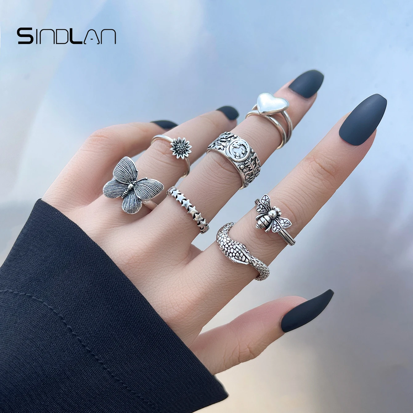 Sindlan 7Pcs Punk SIlver Color Buttefly Heart Rings for Women Gothic Snake Flower Stranger Things Set Couple EMo Fashion Jewelry
Sindlan 7Pcs Punk SIlver Color Buttefly Heart Rings for Women Gothic Snake Flower Stranger Things Set Couple EMo Fashion Jewelry