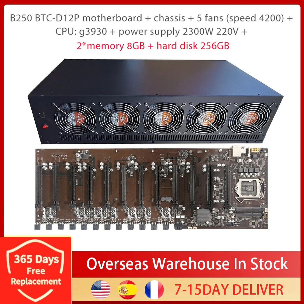 BTC B250 Mining материнская плата комплект шасси DDR3 4 ГБ/8 ГБ/16 Гб SSD 128/256 ГБ 2300 Вт PSU Dual SATA3.0