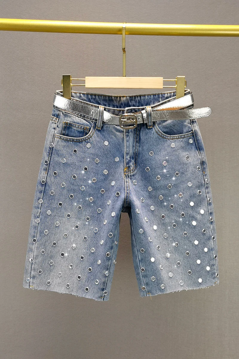 2021 Summer New European Sequined Denim Shorts Women's Shorts High Waist Loose and Slimming Straight-Leg Pants