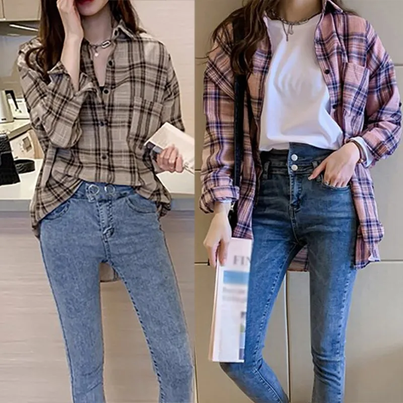 Blouses Women Plus Size Autumn Long-sleeved Plaid Shirt Tops Large Size Loose Lapel Shirts Female Casual Tops
Blouses Women Plus Size Autumn Long-sleeved Plaid Shirt Tops Large Size Loose Lapel Shirts Female Casual Tops