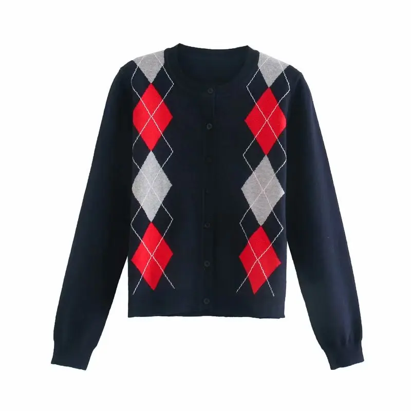 Vintage Contrast Colors Argyle Cardigans Women Fashion O-Neck Single Breasted Sweater Female Chic Tops 
Vintage Contrast Colors Argyle Cardigans Women Fashion O-Neck Single Breasted Sweater Female Chic Tops