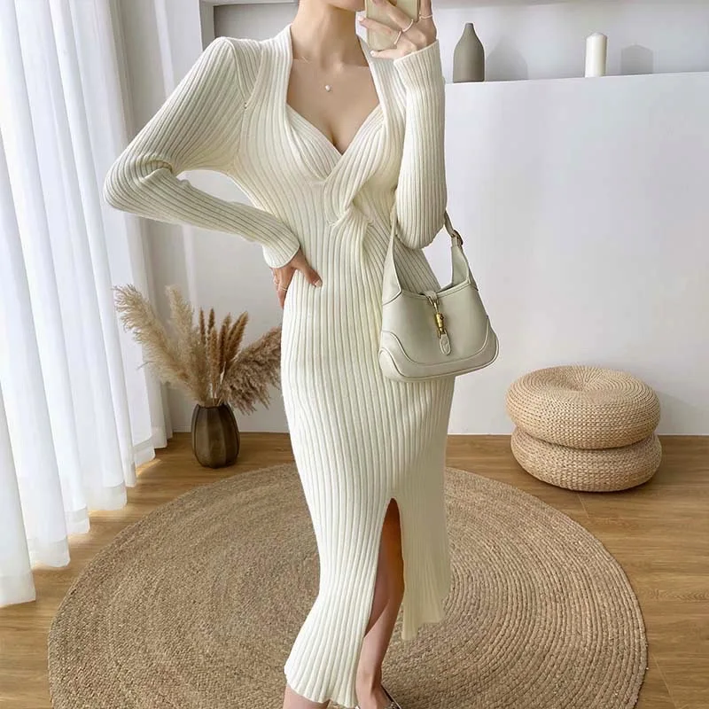 Temperament Knitted Midi Dress French Split Dress V-neck Sexy Club Dress Elegant Dress Dresses Woman Party Night Vestido Festa
Temperament Knitted Midi Dress French Split Dress V-neck Sexy Club Dress Elegant Dress Dresses Woman Party Night Vestido Festa