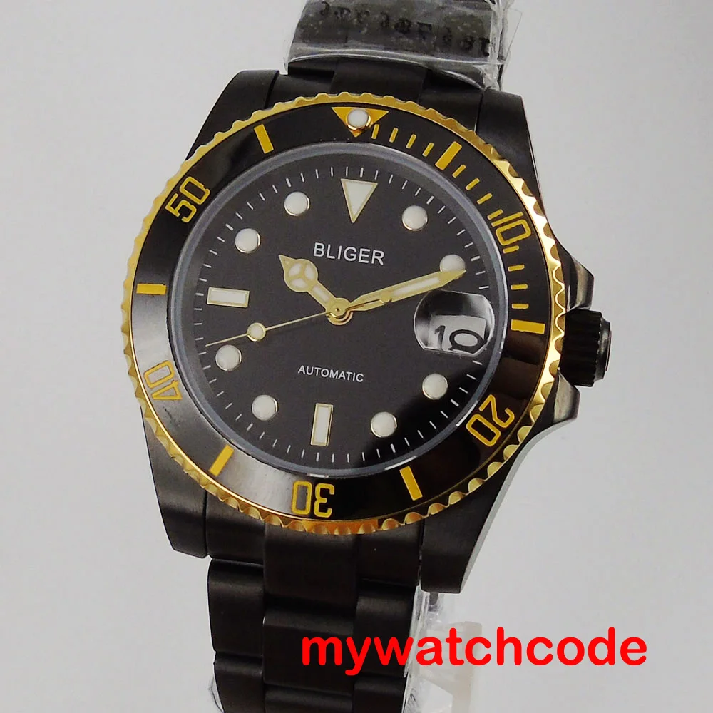 

40mm bliger black dial date window gold plated bezel black 316L stainless steel band NH35 automatic movement men's watch