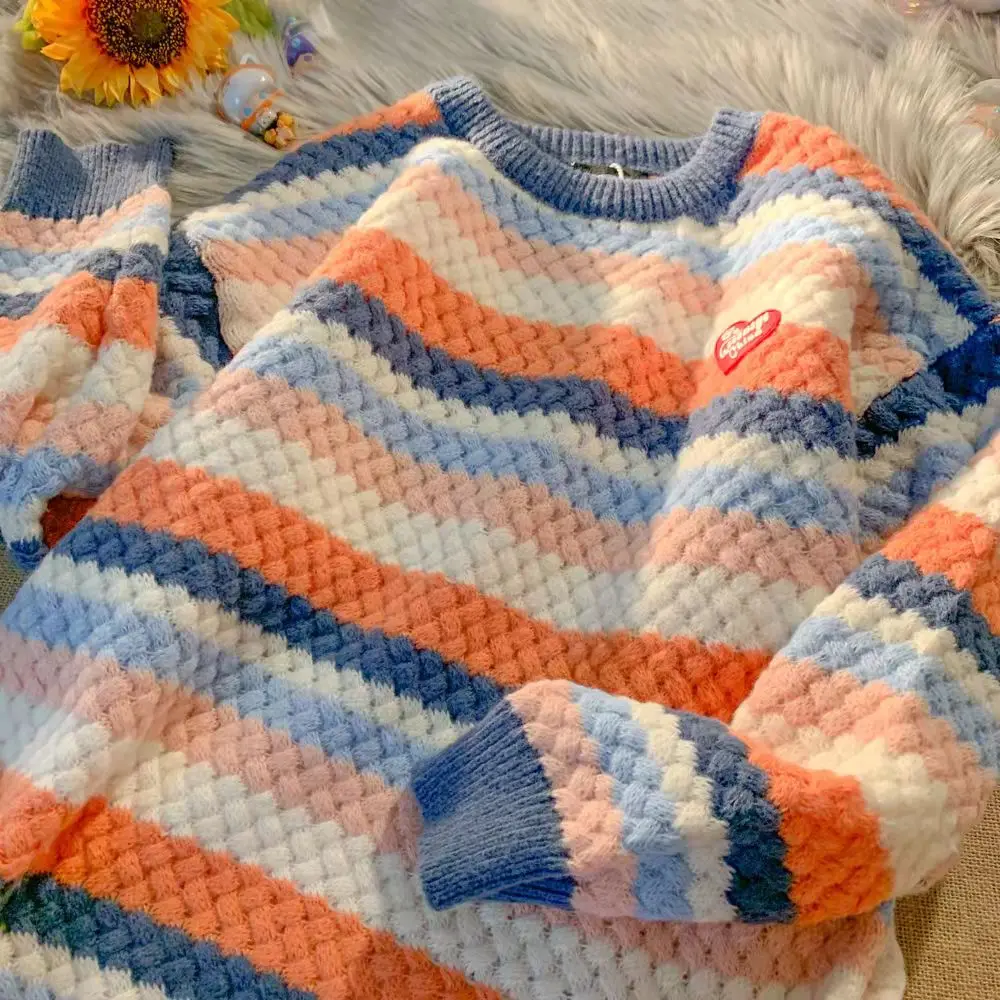 Rainbow Striped Pullover Knitted Crewneck Fashion Sweater Women Autumn Lantern Sleeve Winter Clothes Women 2021 Simple Design OL
Rainbow Striped Pullover Knitted Crewneck Fashion Sweater Women Autumn Lantern Sleeve Winter Clothes Women 2021 Simple Design OL
