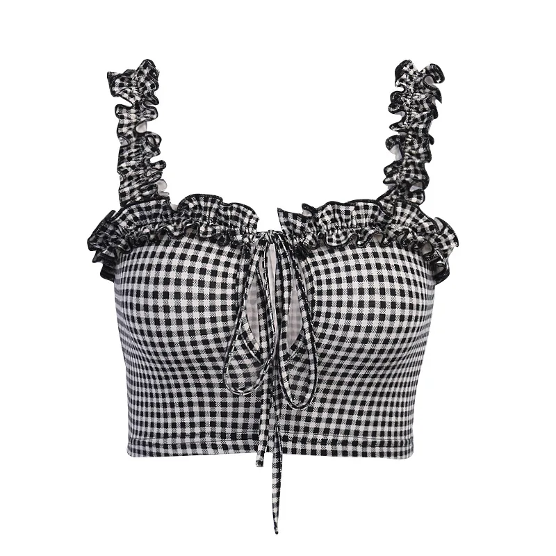 2020 Summer New Retro Plaid Camisole Women 's Lace -up Wooden Ear Sleeveless Camisole