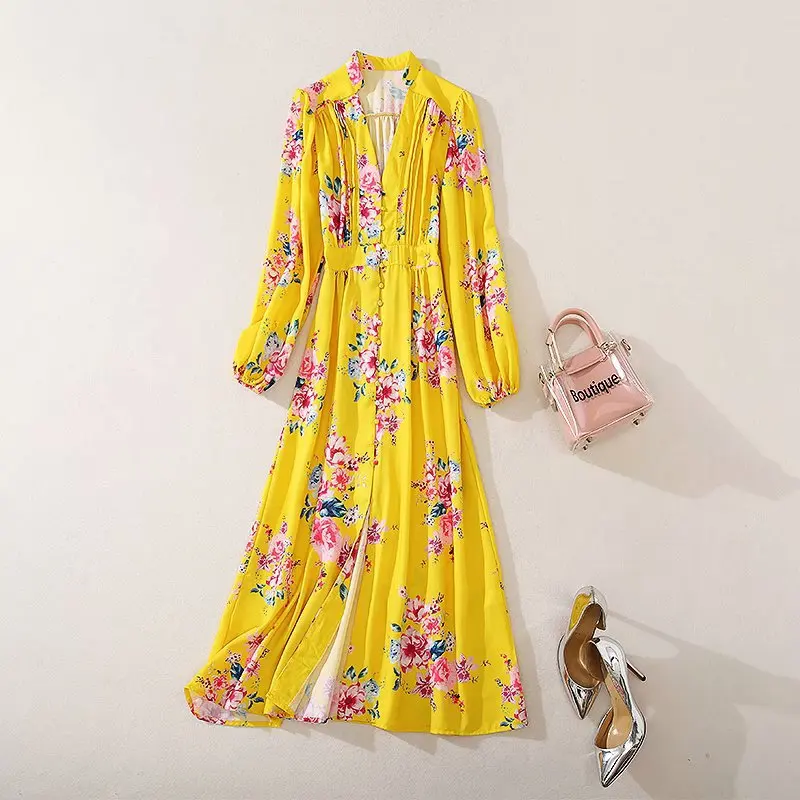 women's European and American clothing 2021 autumn new style Lantern sleeve long sleeve V neck yellow print Fashionable dress
women's European and American clothing 2021 autumn new style Lantern sleeve long sleeve V neck yellow print Fashionable dress