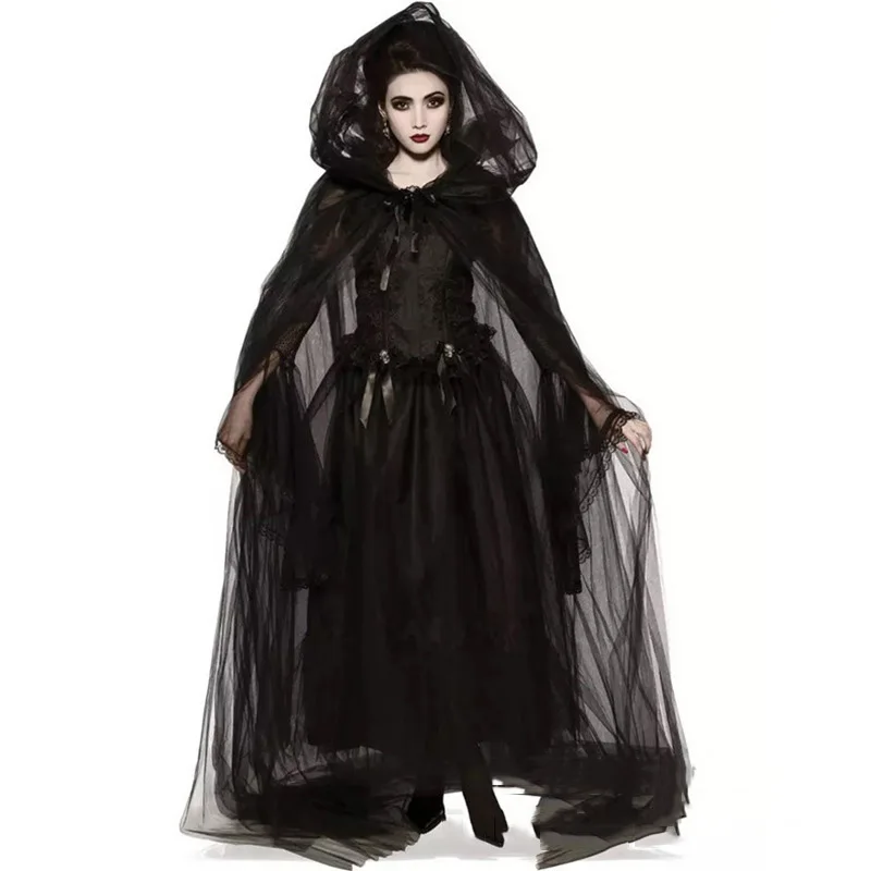 

New Cosplay Halloween Women Death Hell Witch Devil Vampire Uniform Black Long Dress Party Cosplay Day of The Dead Opera Costume