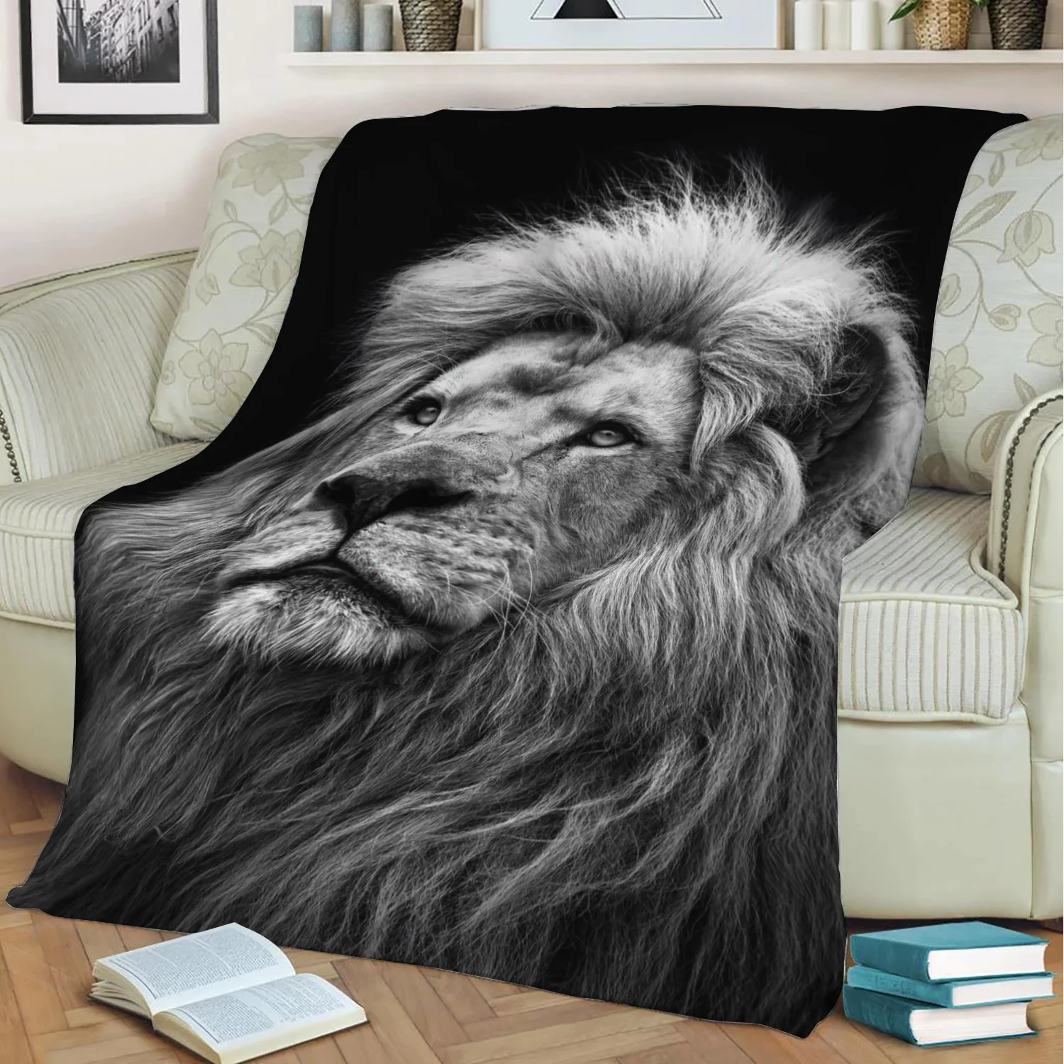 

Manta de franela con cabeza de Rey León negro para niños, manta estampada en 3D para mantener el calor, sofá, decoración del hog