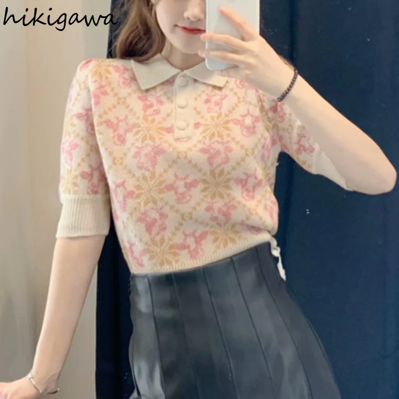 Hikigawa Summer Sweater Turn Down Collar Jacquard Slim Knitted Pullover Vintage Half Sleeve Lady Outerwear Sweater Jumpers Tops 
Hikigawa Summer Sweater Turn Down Collar Jacquard Slim Knitted Pullover Vintage Half Sleeve Lady Outerwear Sweater Jumpers Tops