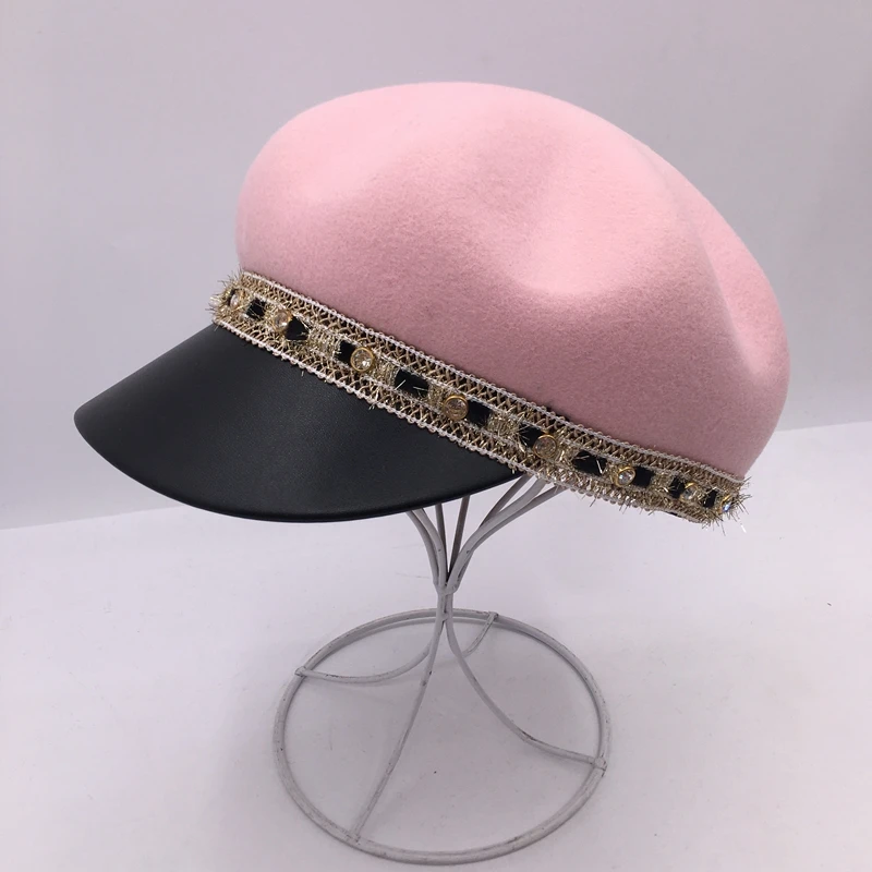 Pink wool visor for women with Patchwork leather eaves octagonal cap beret British fashion
Pink wool visor for women with Patchwork leather eaves octagonal cap beret British fashion