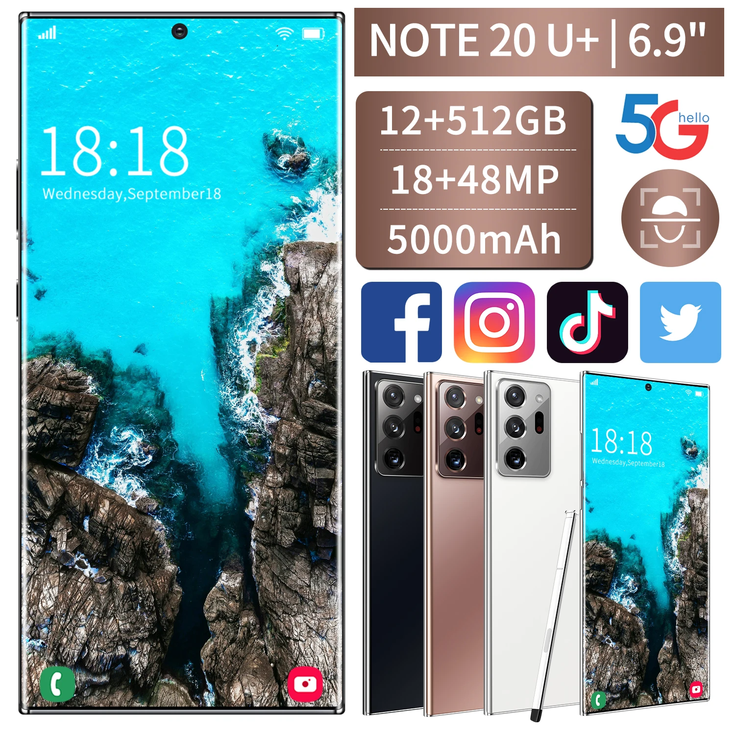 Smartphone NOTE 20U+ 5G Smart Phone Newest NFC 6.9" Big Screen With Stylus 5000mAh SANSUMG Face ID Fingerprint ID Phone
Smartphone NOTE 20U+ 5G Smart Phone Newest NFC 6.9" Big Screen With Stylus 5000mAh SANSUMG Face ID Fingerprint ID Phone