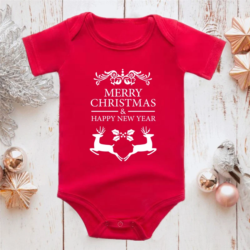 

Merry Christmas Happy New Year Baby Bodysuits Clothes for Boy and Girl Red Cotton Jumpsuit Infant Short Sleeve Playsuit Outfits