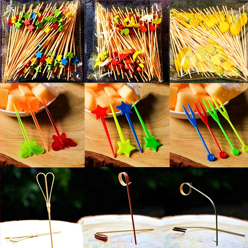 

100pcs 12cm Fruit Cocktail Pick Stick Different Style Bamboo/PVC Buffet Cupcake Toppers Bar Tools