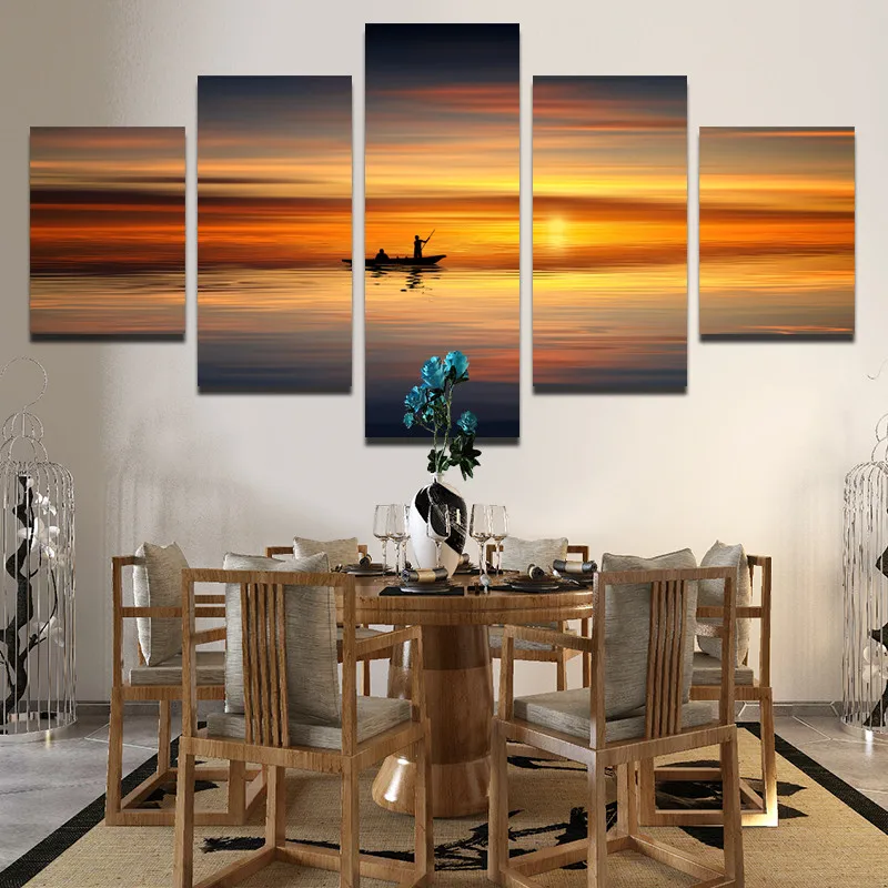 

Photography Art Photo Golden Sunset And Lake Surface Water And Sky Meet Fishermen Silhouette Canvas Printing Decorative Poster