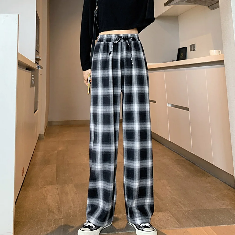 

Korean high-waist black and white plaid casual Cropped trousers women's thick velvet straight-leg pants traf za clothes zarina