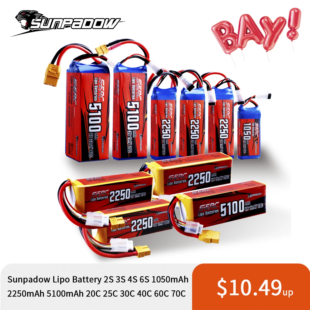 Sunpadow RC Lipo Battery 2S 3S 4S 6S 1050mAh 2250mAh 5100mAh 7 4 V 11 1 22 2 с вилкой JST XT60 XT90|Детали и аксессуары| |