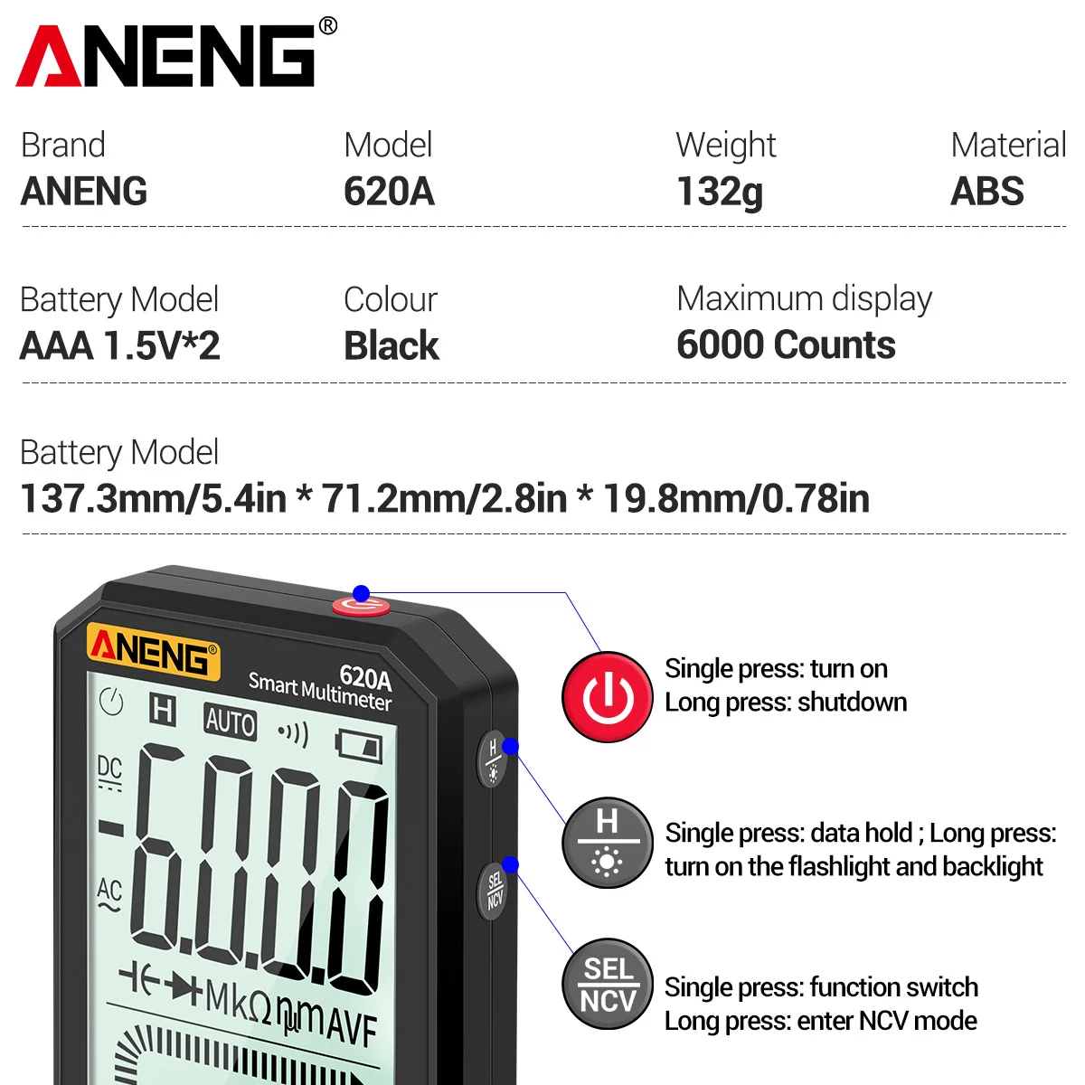 ANENG 620A мультиметр профисионал цифровой Смарт тестер 6000 отсчетов True RMS вольтметр