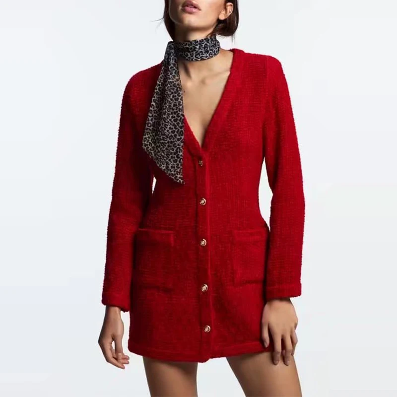 WXWT Women Red Textured Single Breasted Dress Long Sleeve V Neck Chic Office Lady Mini Dress Vestidos BB4321
WXWT Women Red Textured Single Breasted Dress Long Sleeve V Neck Chic Office Lady Mini Dress Vestidos BB4321