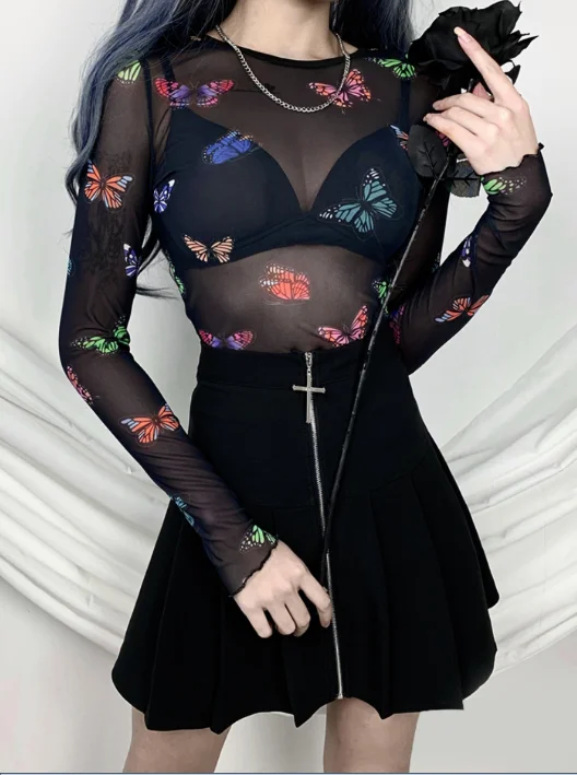 New Women T-shirts Summer Butterfly Print Mesh Sheer Sexy Tee Shirts Long Sleeve See Through Beach Club Tops 
New Women T-shirts Summer Butterfly Print Mesh Sheer Sexy Tee Shirts Long Sleeve See Through Beach Club Tops