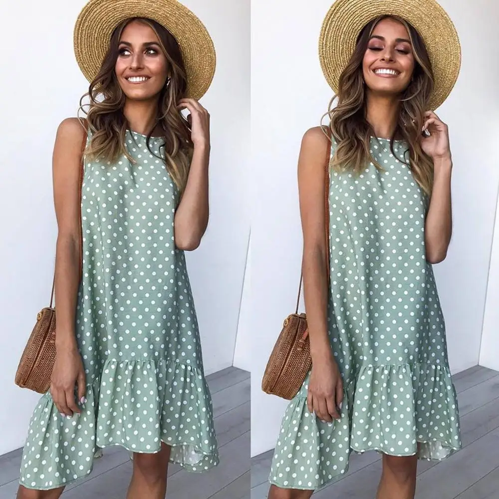 Sexy Slim O Neck Sleeveless Fashion Loose dot printing Women Dress Summer Mini Casual printing Sleeveless Ruffle Ladies Dress
Sexy Slim O Neck Sleeveless Fashion Loose dot printing Women Dress Summer Mini Casual printing Sleeveless Ruffle Ladies Dress