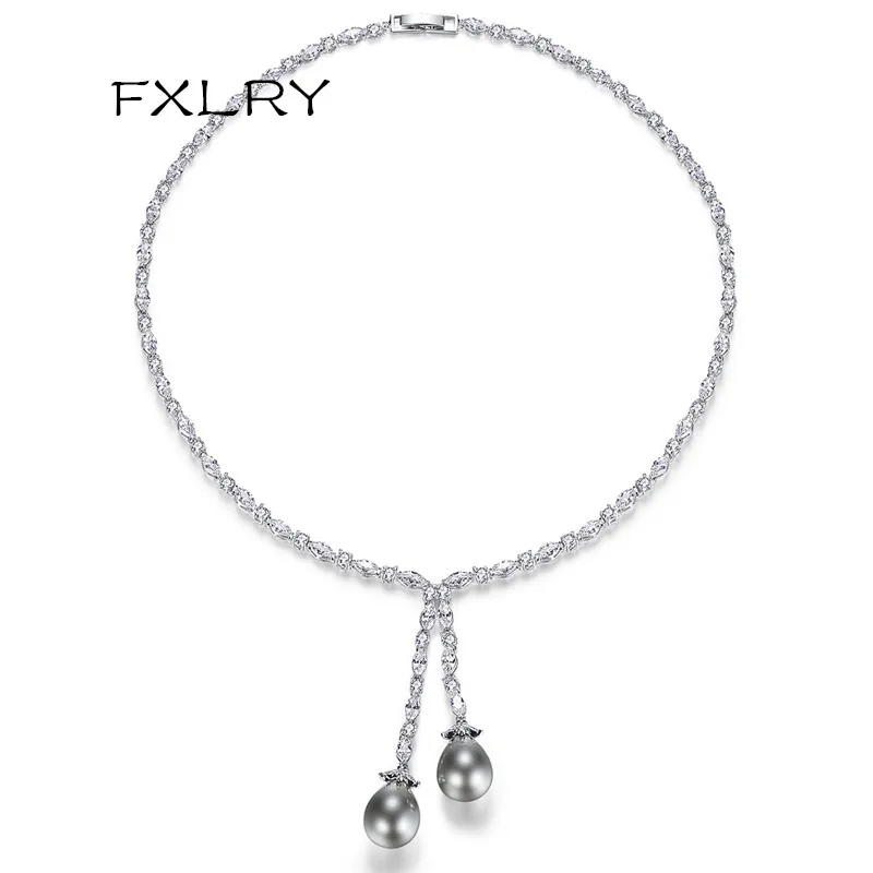 

FXLRY New Design Fashion OL Personality White Color Cubic Zircon Gray Pearls Pendant Necklaces for women Jewelry