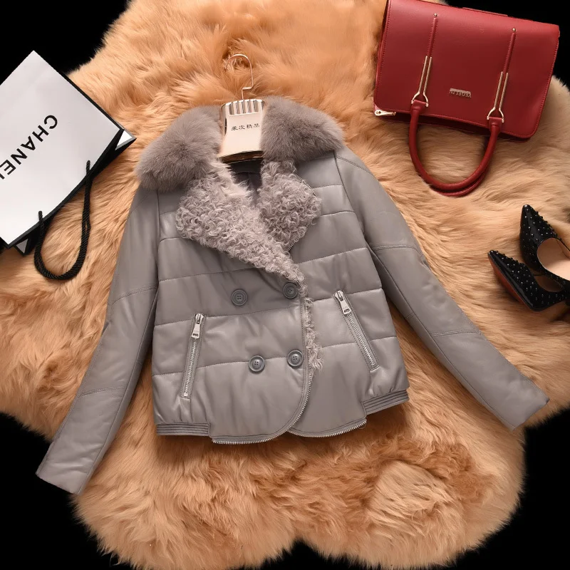 Фото Теплая Женская куртка из натуральной кожи с воротником лисьего меха зимняя на