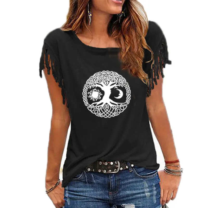 Sun Moon Sunshine Stars Crescent Dual Ethnic Symbol Tree T-Shirt Women cotton Short Sleeve Tassel Short Sleeve Tops 
Sun Moon Sunshine Stars Crescent Dual Ethnic Symbol Tree T-Shirt Women cotton Short Sleeve Tassel Short Sleeve Tops