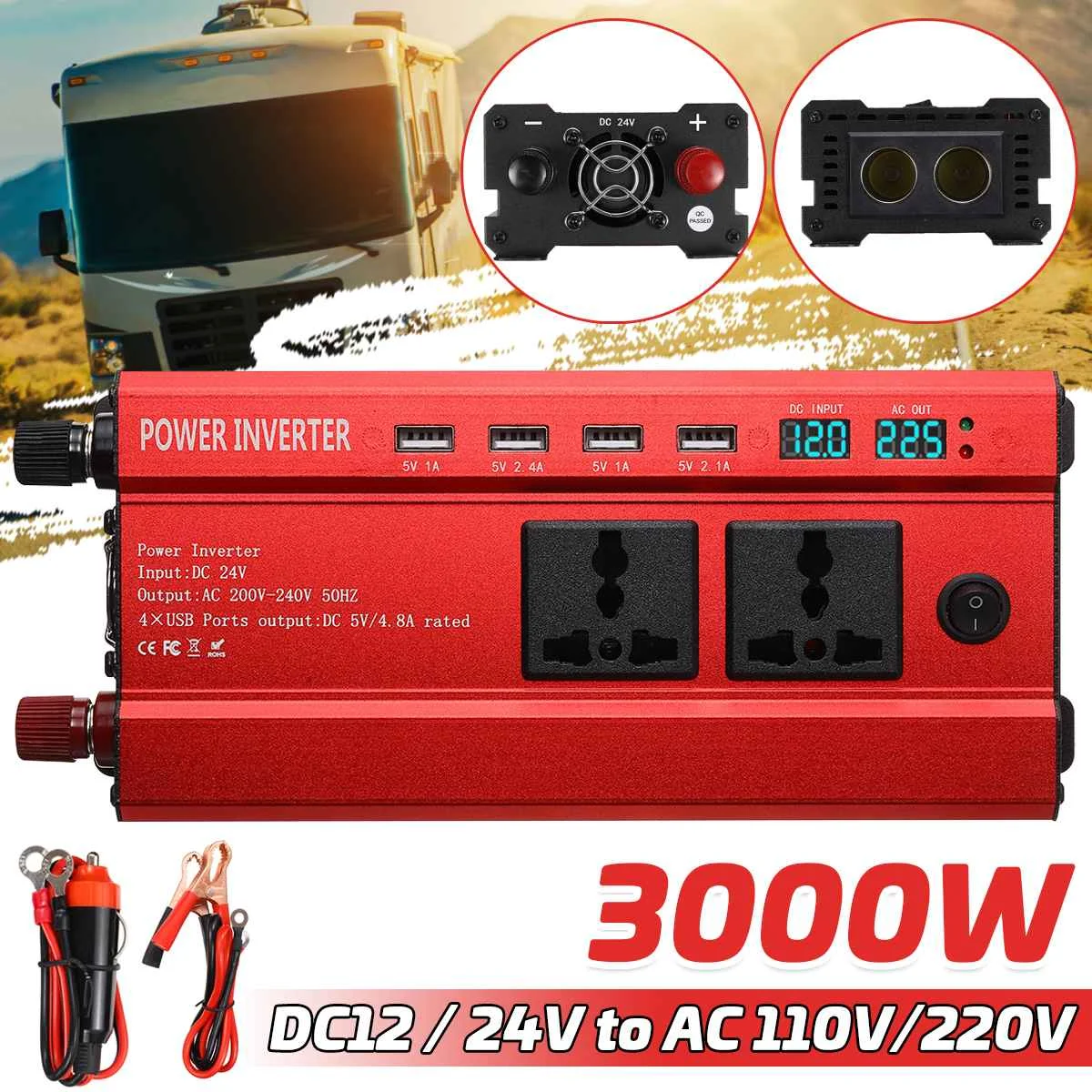 3000W Modified Sine Wave Inverter DC 12v/24v To AC 110V/220V Voltage Transformer Power Converter Inverter 4 USB Interfaces
3000W Modified Sine Wave Inverter DC 12v/24v To AC 110V/220V Voltage Transformer Power Converter Inverter 4 USB Interfaces