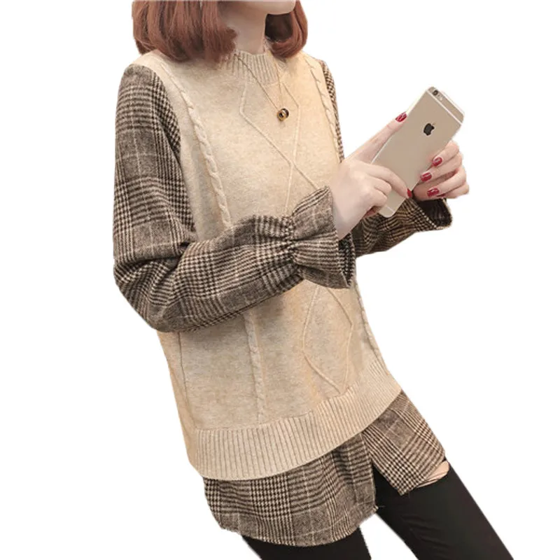 Autumn Winter Women Plaid Knitted Pullovers Casual Loose Fake Two Sweater Ladies Long Sleeve Bottoming Knitwear Short Tops A2022
Autumn Winter Women Plaid Knitted Pullovers Casual Loose Fake Two Sweater Ladies Long Sleeve Bottoming Knitwear Short Tops A2022