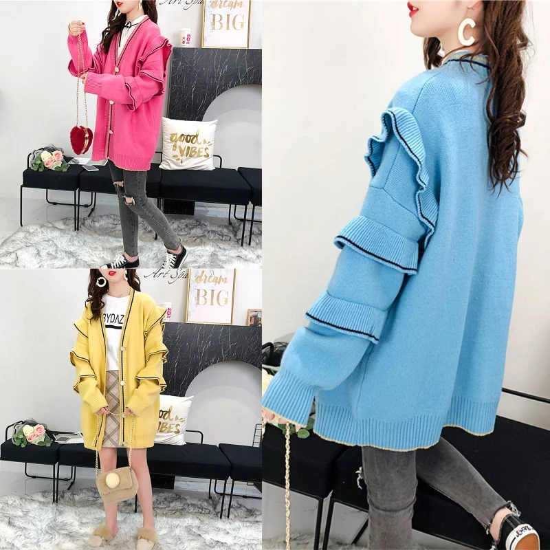 Women Autumn Winter Ruffle Sleeves Knitted Cardigan Sweater Stitching Color Single-breasted Casual Coat Loose Overcoat
Women Autumn Winter Ruffle Sleeves Knitted Cardigan Sweater Stitching Color Single-breasted Casual Coat Loose Overcoat